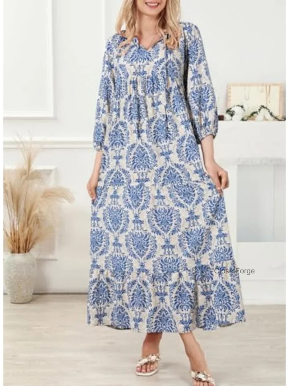 Boho Maxi Dress V Neck Long Puff Sleeve Smocked Ruffle Flowy Casual - Picture 3 of 6